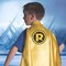 Yellow Robin Costume Cape for Kids with Black Superhero Emblem